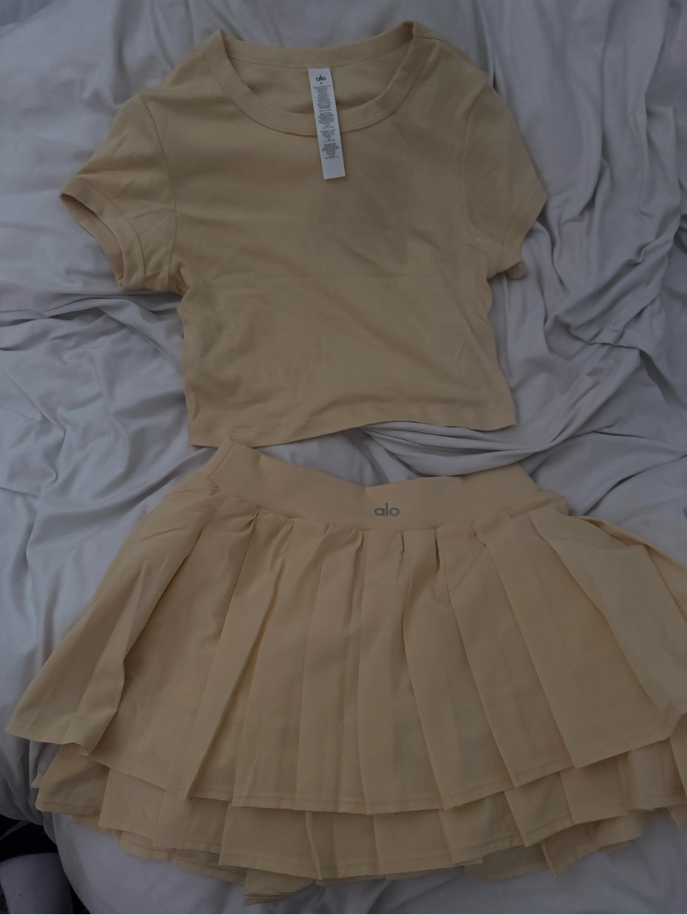 ALO Short Sleeve Crop Top & Pleated yoga Skirt Set